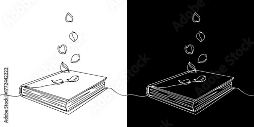 Closed book with petals falling on it from above, minimalist style, isolated vector image in line art style, two design options on transparent and black background
  
