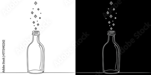 Bottle releasing tiny glowing stars in minimalist style, isolated vector image in line art style, two design options on transparent and black backgrounds
 