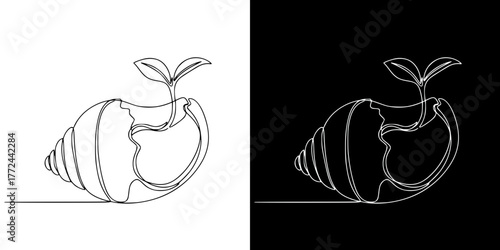 Minimalist line art of broken shell with sprout emerging inside, isolated vector image in line art style, two design options on transparent and black backgrounds  