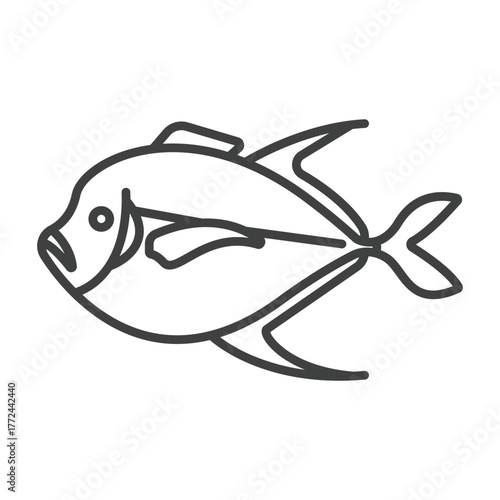 A black and white line drawing of a fish