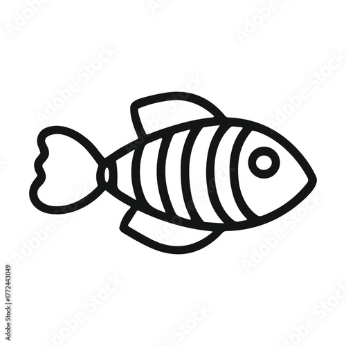 A black line drawing of a fish It has a rounded body fins and a tail fin