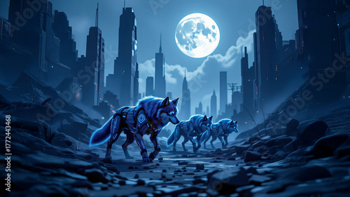 Futuristic wolves wander through a ruined city under a bright full moon at night
