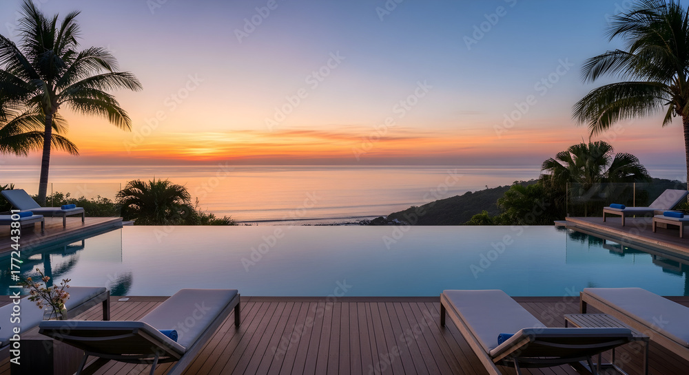 Fototapeta premium Tropical Paradise Pool Sunset Palm Trees Ocean Serene Luxury View offers ultimate getaway destination with beautiful horizon reflection against the infinite swimming pool deck