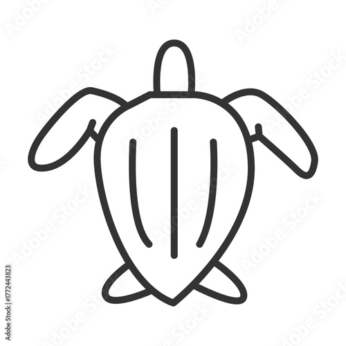 A black line drawing of a turtle with head flippers and shell Shell has three curved lines