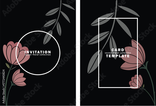 Elegant Black Floral Invitation & Greeting Card Template | Minimal Dark Botanical Vector Design