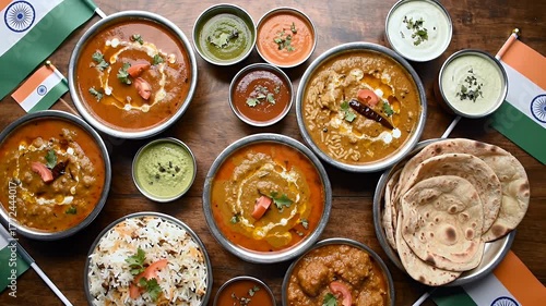A Generous Indian Food Feast Displayed With Small Flags Suggesting A Celebration Or Patriotic Meal