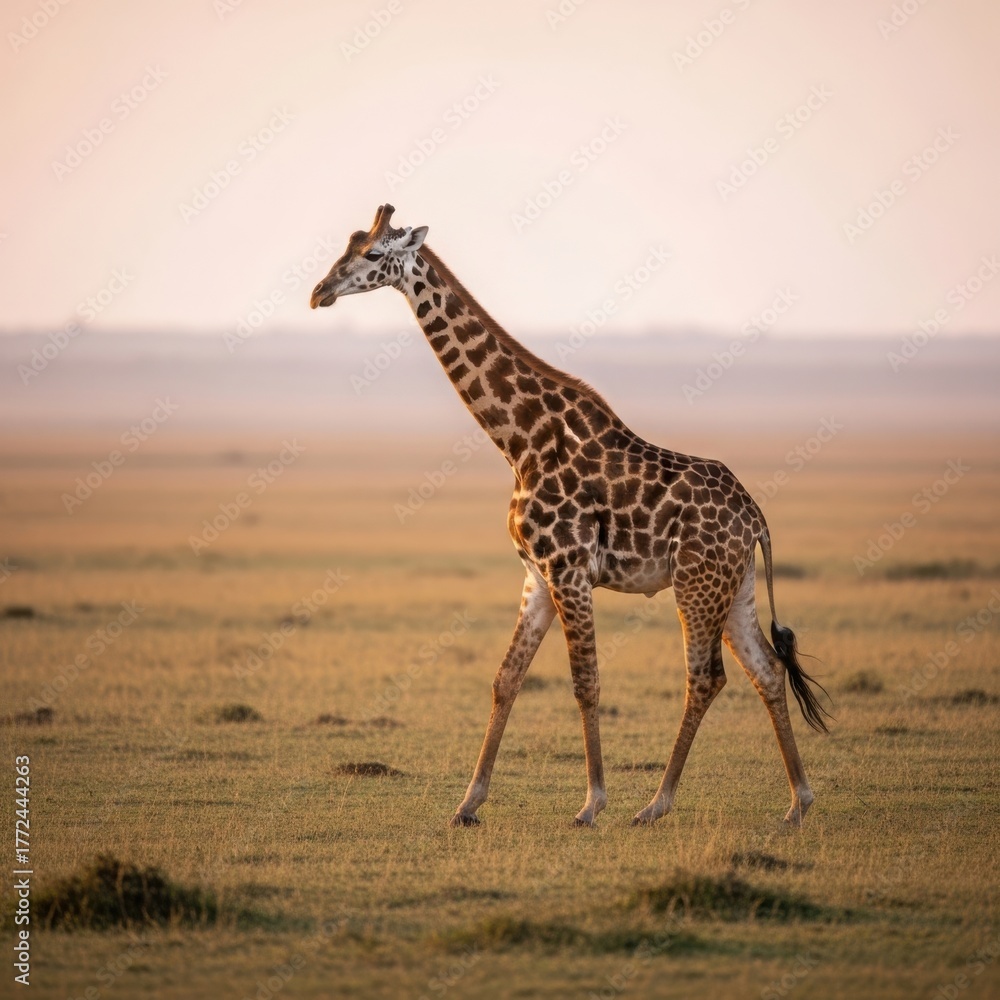Obraz premium Majestic giraffe striding across an african savannah at dusk