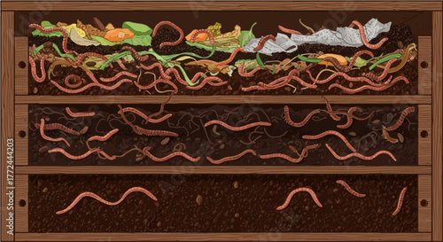 Top-Down View of an Active Worm Farm or Composting System, Highlighting Earthworms Processing Organic Matter