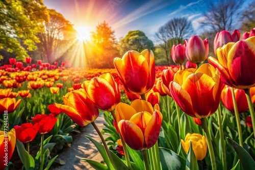 Aerial View Vibrant Red Yellow Tulip Garden Spring Bloom Drone Shot
