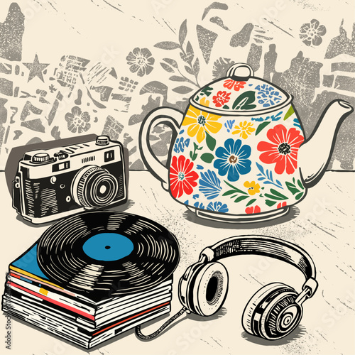 Seamless my latest finds at the thift shop. Vintage gramophone, camera, earphones and teapot vector illustration
