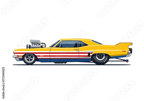 Vintage Yellow Drag Racing Car with Supercharger and Stripes.