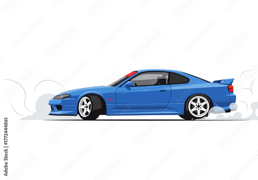 Obraz premium Blue sports car drifting with smoke and stylized lines.
