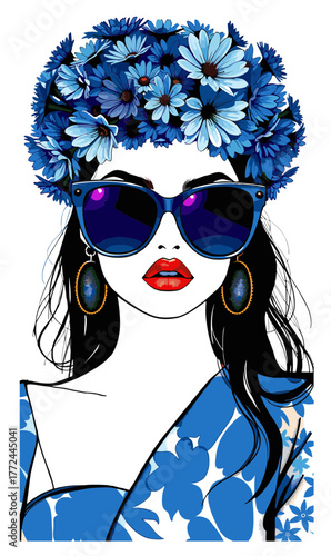Fashion Portrait of Stylish Woman Wearing Blue Floral Crown and Sunglasses – Digital Illustration