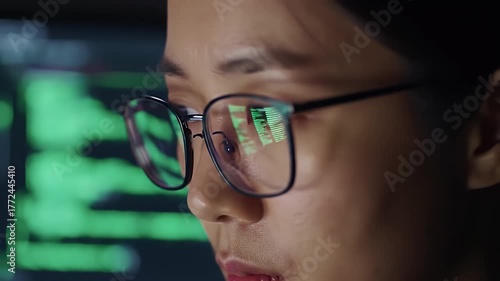 Focused Young Woman Wearing Glasses Reflecting Green Computer Code in Dimly Lit Room