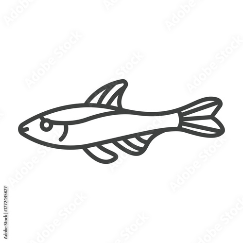 A black outline of a fish It has a dorsal fin ventral fins and a tail fin A circular eye is present