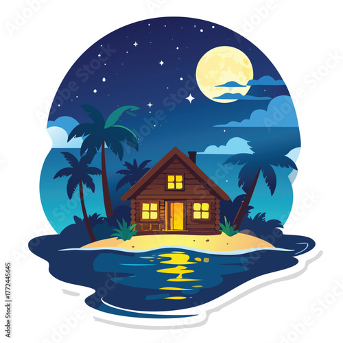 Tropical Island Cabin at Night with Moonlight Reflection