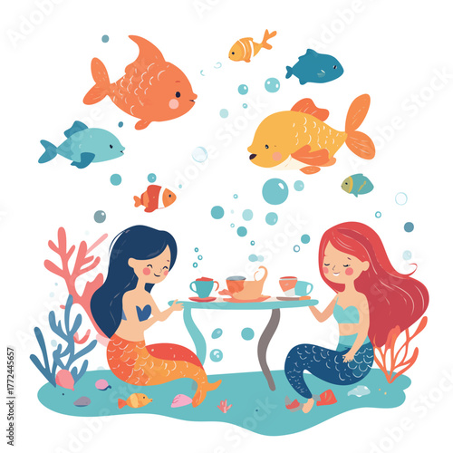 Underwater Tea Party Vector Illustration