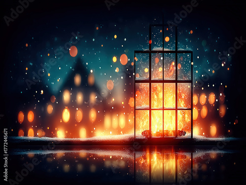 fireplace window with snow ...