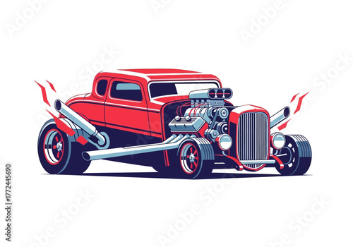 Red Hot Rod with Exposed Engine and Side Exhaust Pipes Illustration.