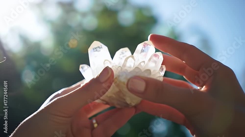 Hands Gently Hold Clear Quartz Cluster Crystal Outdoors Sunny Day Bokeh Greenery Blue Sky Sunlight Rays Natural Healing