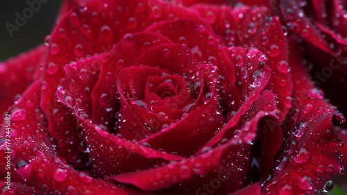 Extreme Close Up Of A Deep Red Rose Covered In Dew Drops On A Dark Moody Background With Soft Focus