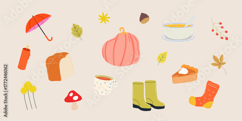 Cozy Autumn items Set Vector Illustration 