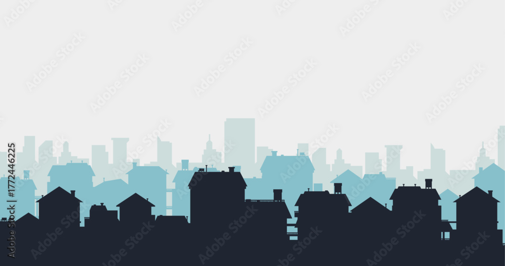 Naklejka premium Suburban street silhouette in a small town. Roofs of houses. Country landscape. Housing vector. Seamless composition isolated on white background