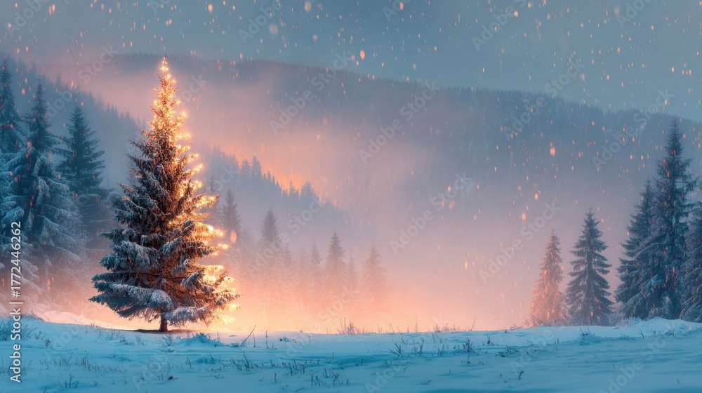 Fototapeta premium Majestic Snowy Landscape with Glowing Christmas Tree at Dusk