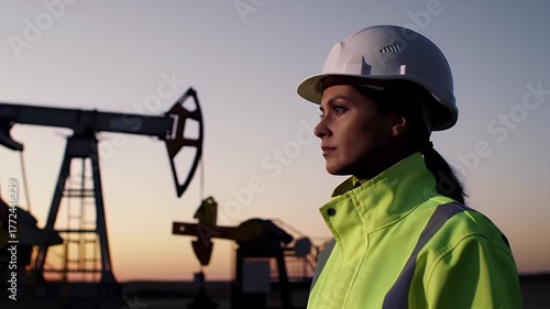 Female Engineer in Hard Hat and Reflective Vest Standing in Oil Field at Sunset with Pumpjacks Behind Her