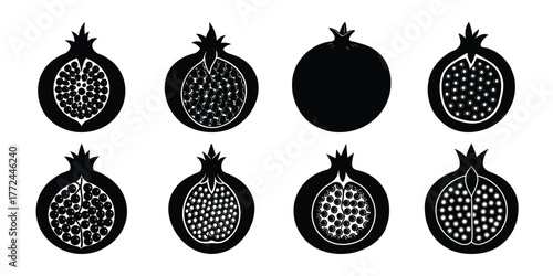 Collection of stylized pomegranate halves and one whole fruit silhouette