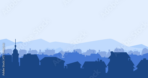 Suburban street silhouette in a small town. Roofs of houses. Country landscape. Housing vector. Seamless composition isolated on white background