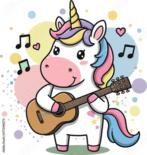 Cute cartoon unicorn playing guitar with musical notes and colorful splashes