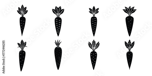Collection of eight hand drawn carrot silhouettes in a rustic artistic style silhouette
