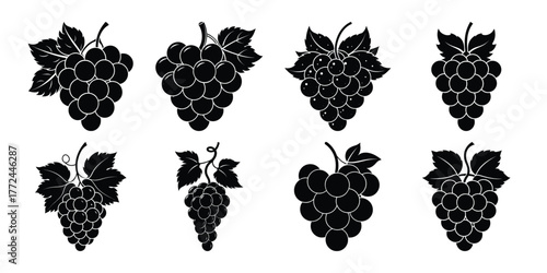 Collection of eight different grape bunch silhouettes with textured stems and leaves