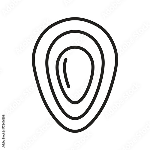 A black stylized drawing of a nested oval shape with three concentric rings inside a larger teardrop shape