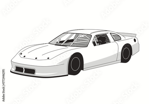 A black and white line art illustration of a sleek modern stock car for racing.