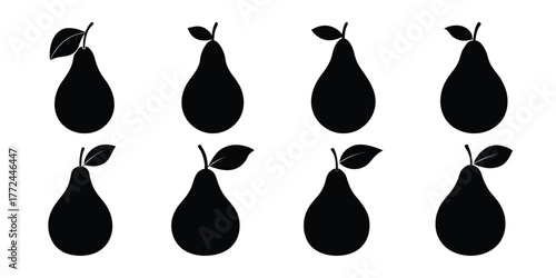 Collection of eight textured black pear silhouettes with leaves on a white background