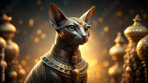 Fototapeta Ancient Egyptian Bastet Cat Goddess Figurine, Close-up Portrait Photography