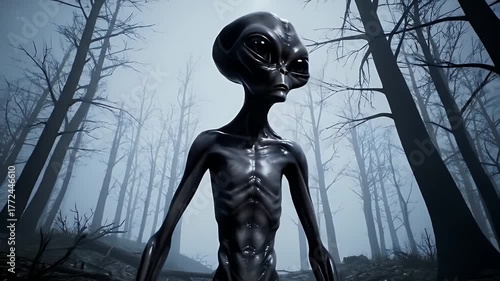 Eerie alien creature stands in dark foggy forest with tall bare trees and moonlight above