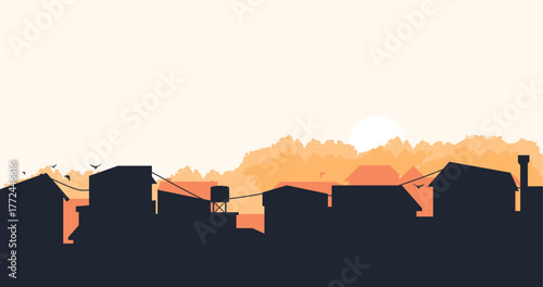 Suburban street silhouette in a small town. Roofs of houses. Country landscape. Housing vector. Seamless composition isolated on white background