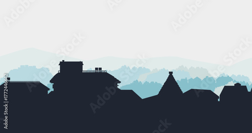 Suburban street silhouette in a small town. Roofs of houses. Country landscape. Housing vector. Seamless composition isolated on white background
