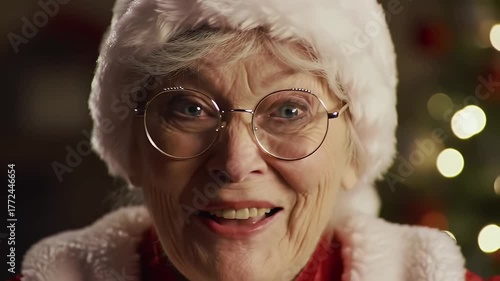 Excited Elderly Woman Dressed As Mrs Claus With Festive Christmas Tree Bokeh Lights In Background