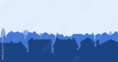 Suburban street silhouette in a small town. Roofs of houses. Country landscape. Housing vector. Seamless composition isolated on white background