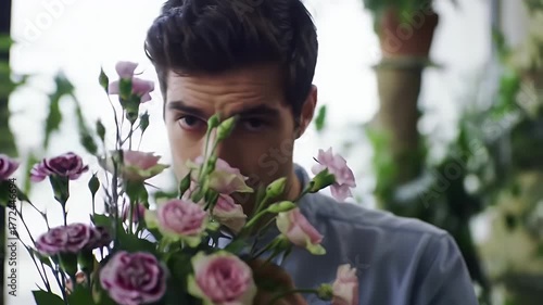 Young Man Carefully Inspecting Delicate Pink and Purple Roses in a Lush Greenhouse Setting