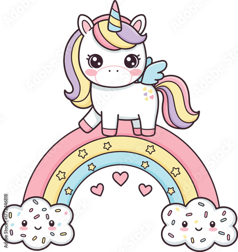 Adorable baby unicorn riding a colorful rainbow with fluffy clouds
