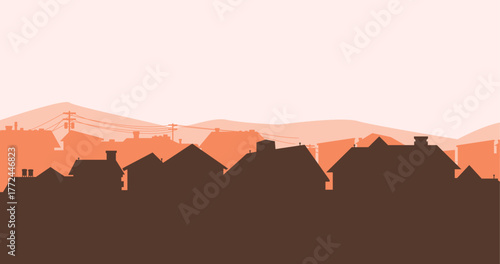 Suburban street silhouette in a small town. Roofs of houses. Country landscape. Housing vector. Seamless composition isolated on white background