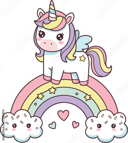 Adorable cute unicorn standing on a rainbow with clouds and hearts