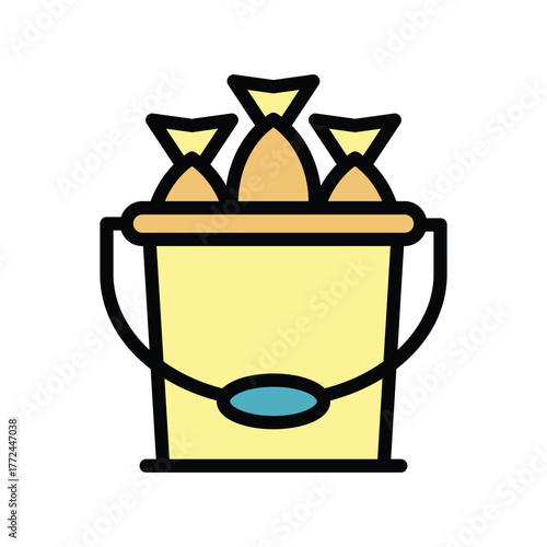A bucket filled with three fish The bucket is yellow has a black handle and a blue center The fish are tan and yellow
