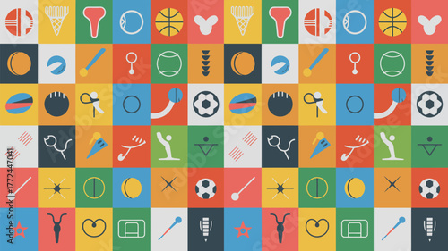 Geometric sports icons arranged in a colorful grid pattern with various sports equipment symbols shown