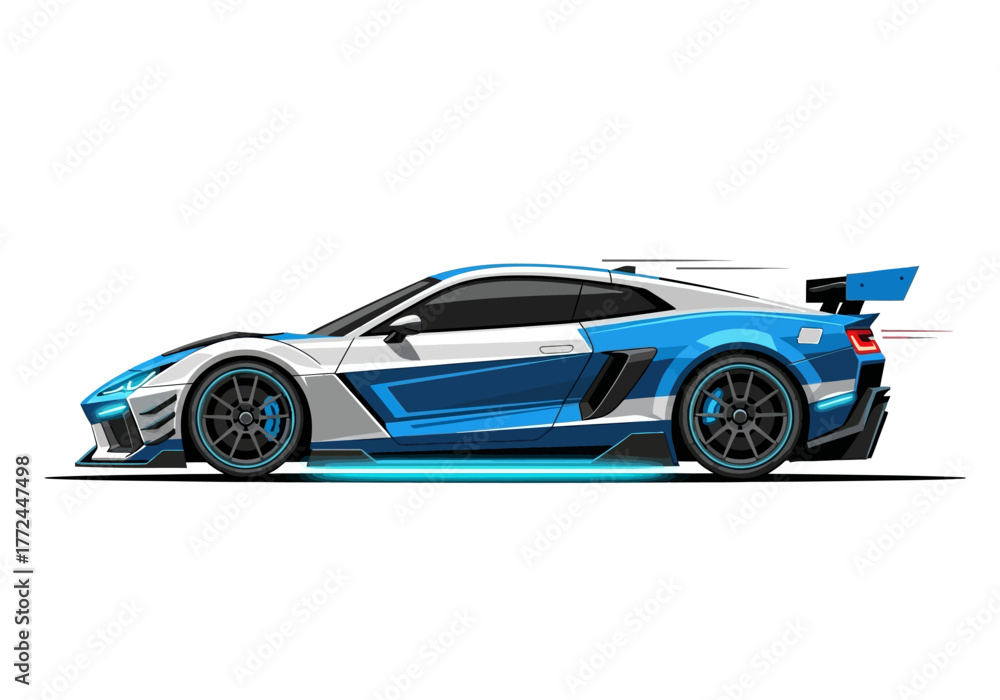 Fototapeta premium Modern blue and white sports car illustration with glowing underglow and large spoiler.